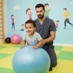 Physiotherapist supporting mobility development for autistic children